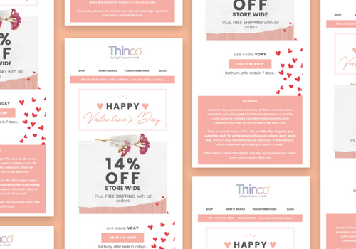 Valentine's Day promotional email from Thinco offering 14% off storewide with free shipping and limited-time VDAY code.