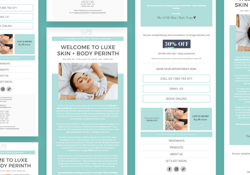 Luxe Skin + Body Perinth welcome email featuring a woman with eyes closed receiving a facial treatment, discounts, appointment booking options, and a skincare quote.