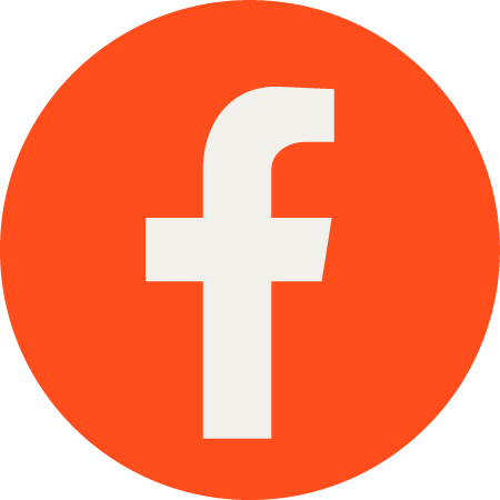 White lowercase letter 'f' centered on an orange circular background.