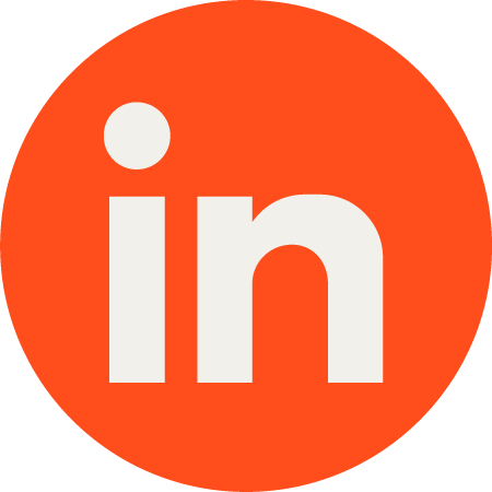 LinkedIn icon with white 'in' letters on an orange circular background.