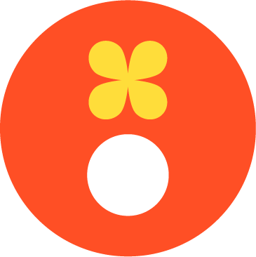 Orange circle with a white filled circle near the bottom and a yellow four-petal flower shape above it.