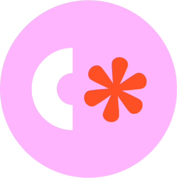 White semicircle shape and orange asterisk symbol inside a pink circle.