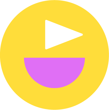 Yellow circular face with a white play button as eyes and a pink semicircle mouth, resembling a playful expression.