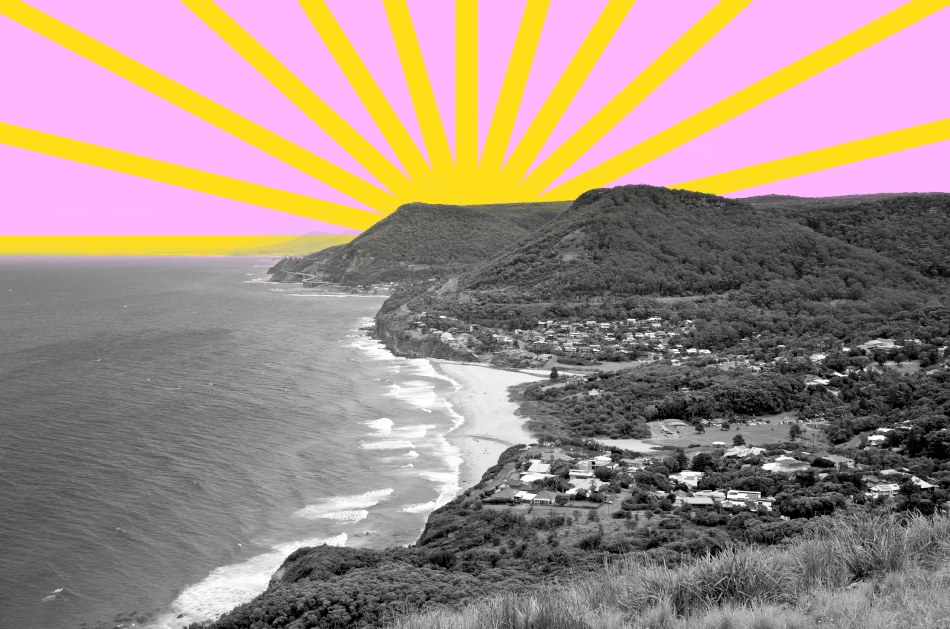 Black and white coastal landscape with hills and houses, and a graphic of yellow sun rays over a pink sky.